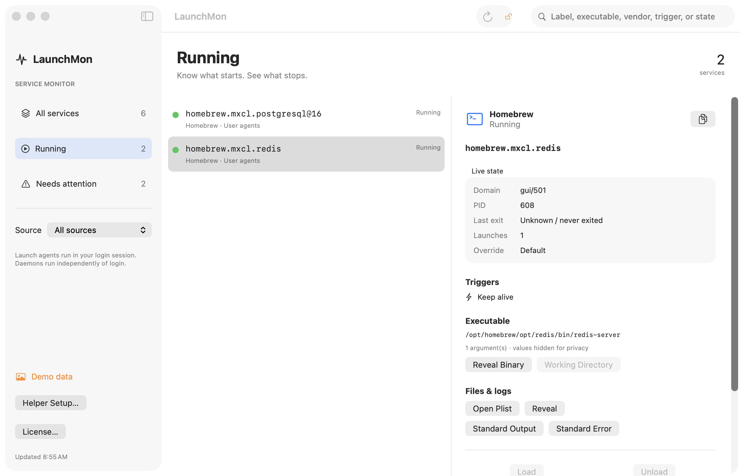 Check StandardOutPath and StandardErrorPath in the plist; use Console for processes that log through the unified logging system.