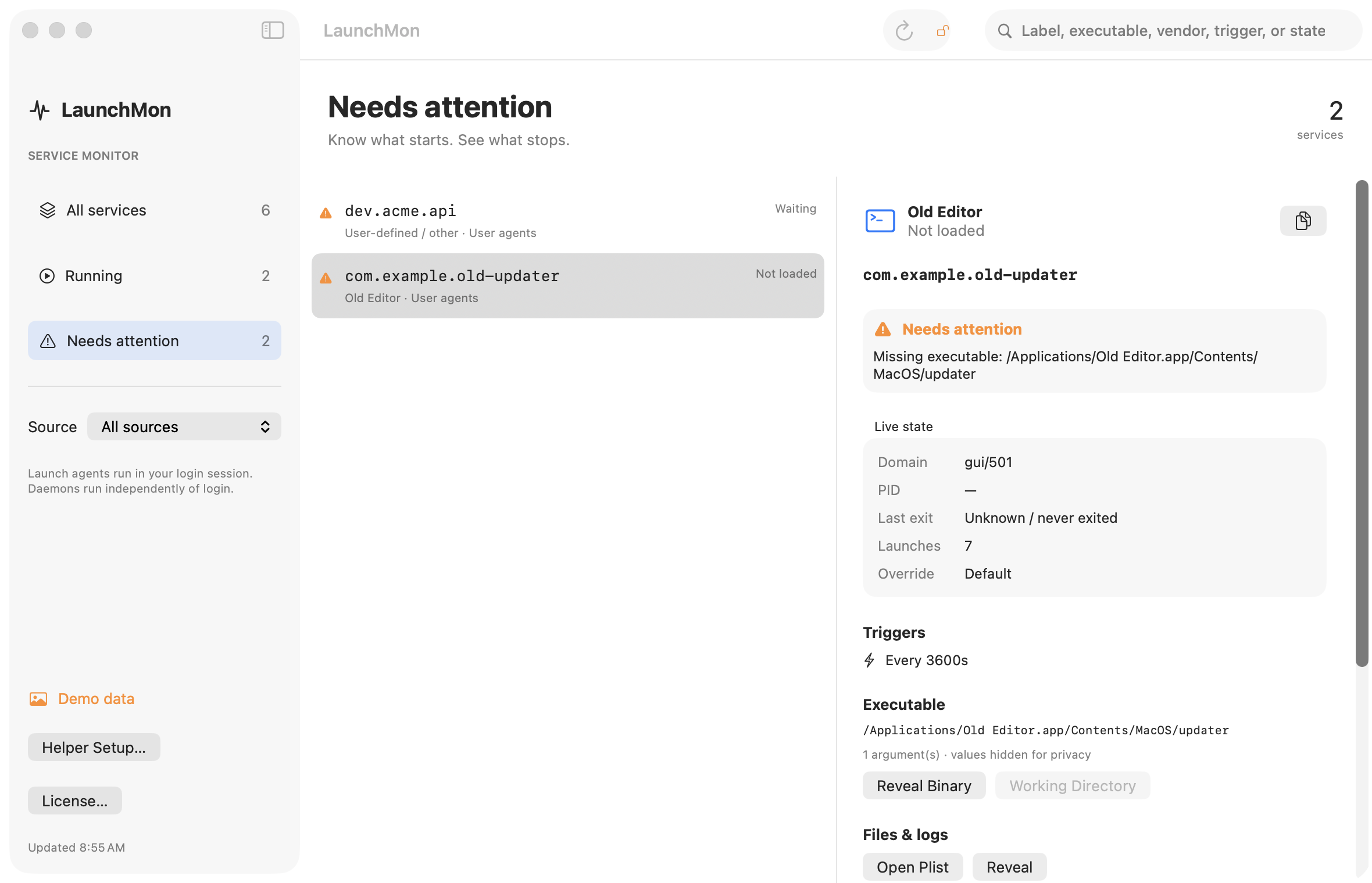 Check plist syntax, target domain, existing registration, file ownership, and the executable before retrying bootstrap.