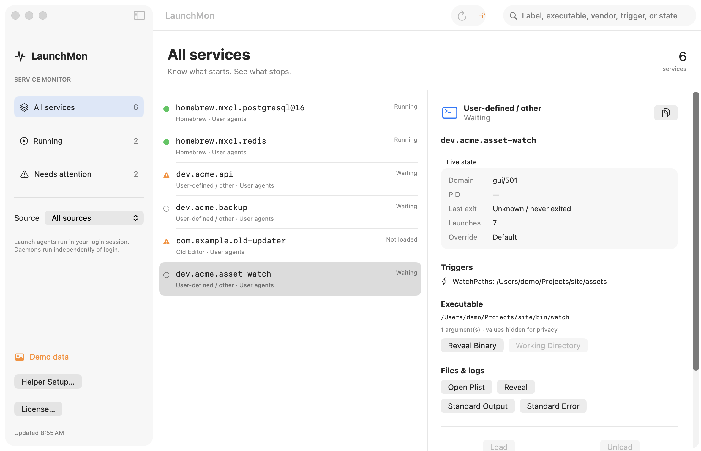 LaunchMon showing a user agent whose trigger is WatchPaths on a project folder, with its launch count and log shortcuts.
